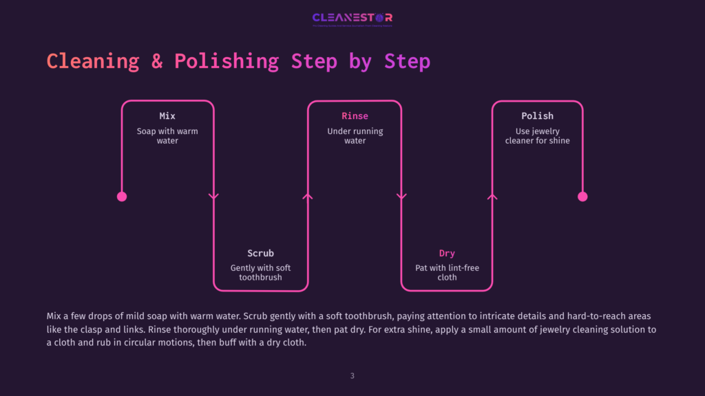 3 Cleaning And Polishing Step By Step Diagram Illustrating The 4-Step Jewelry Cleaning And Polishing Process: Mix Mild Soap And Warm Water, Scrub With A Soft Toothbrush, Rinse Under Running Water, And Dry With A Lint-Free Cloth For Shine.