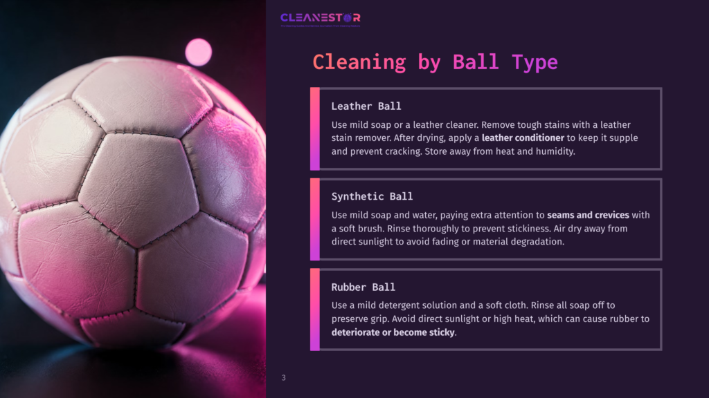 3 Cleaning By Ball Type A Close-Up Of A White Soccer Ball With Black Pentagons, Illuminated By Pink And Blue Light. The Image Displays Cleaning Instructions For Leather, Synthetic, And Rubber Balls, With The Title &Quot;Cleaning By Ball Type.