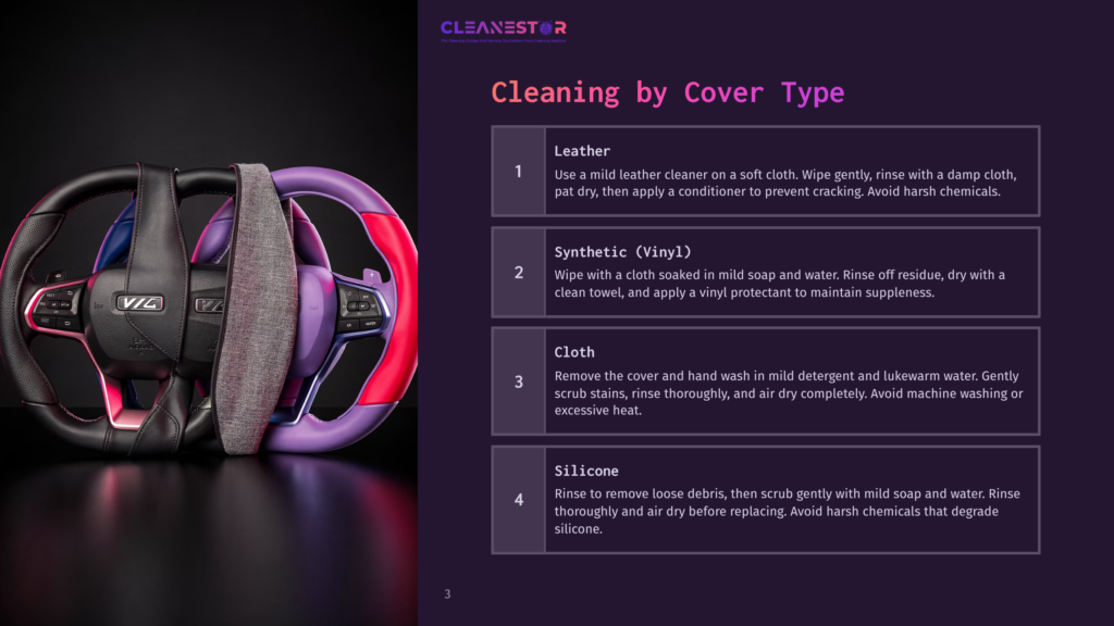 Close-Up Of A Car Steering Wheel With Vibrant Purple And Red Accents, Alongside Cleaning Tools Including A Microfiber Cloth And A Bottle Of Cleaner, Suggesting Car Interior Detailing.