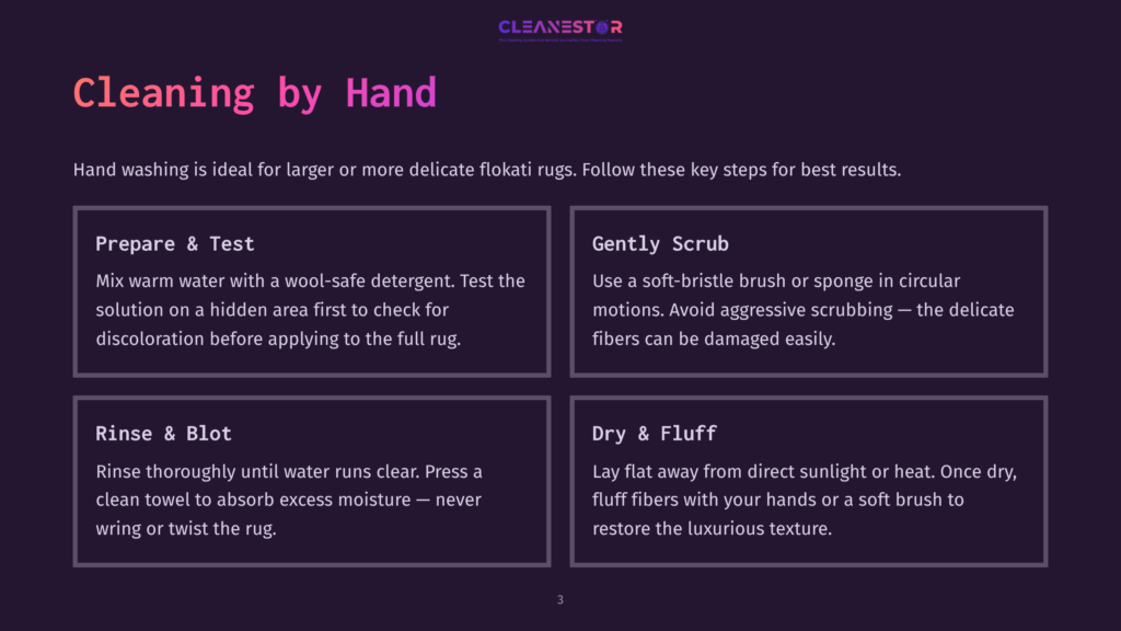 3 Cleaning By Hand 1 An Infographic Displaying Step-By-Step Instructions For Hand Washing A Flokati Rug, Divided Into Four Sections: Prepare &Amp; Test, Gently Scrub, Rinse &Amp; Blot, And Dry &Amp; Fluff, With A Purple Background.