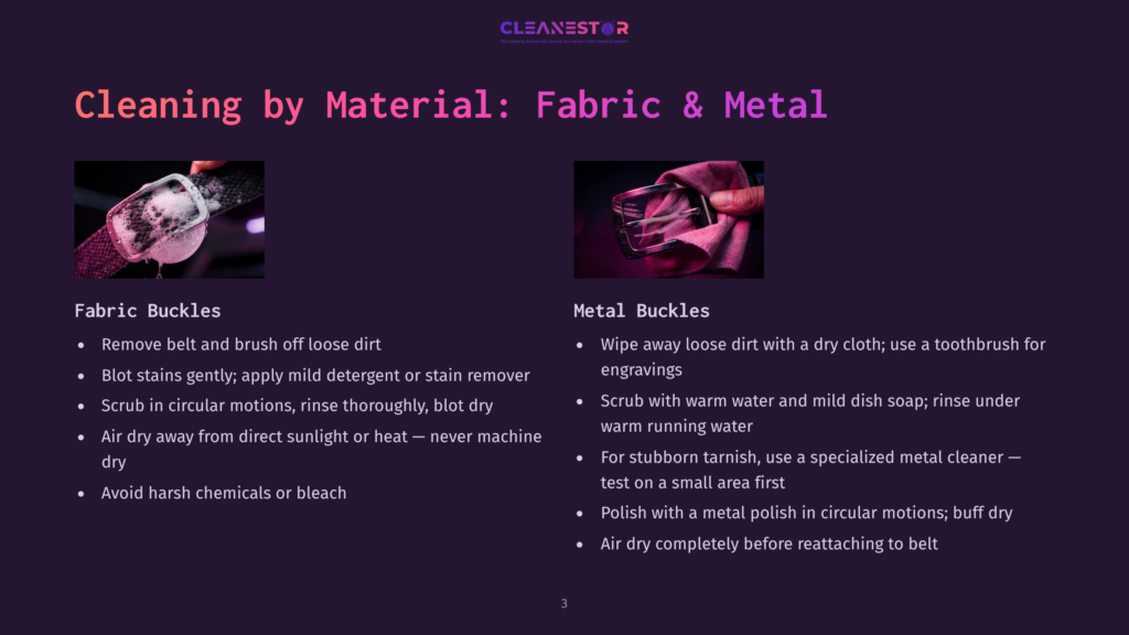 3 Cleaning By Material Fabric And Metal Two Close-Up Images Show How To Clean Fabric And Metal Watch Buckles. The Left Image Shows A Fabric Watch Band Being Brushed, While The Right Image Shows A Metal Watch Buckle Being Wiped With A Cloth.