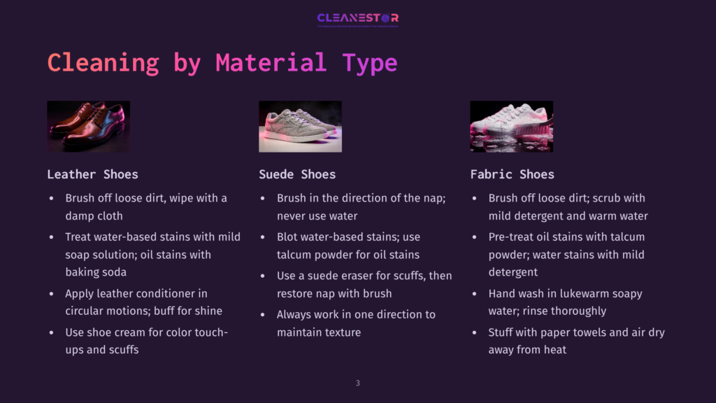 Three Pairs Of Shoes On A Dark Background: Leather Dress Shoes, Suede Sneakers, And White Fabric Running Shoes. Text Describes Cleaning Methods For Each Type.