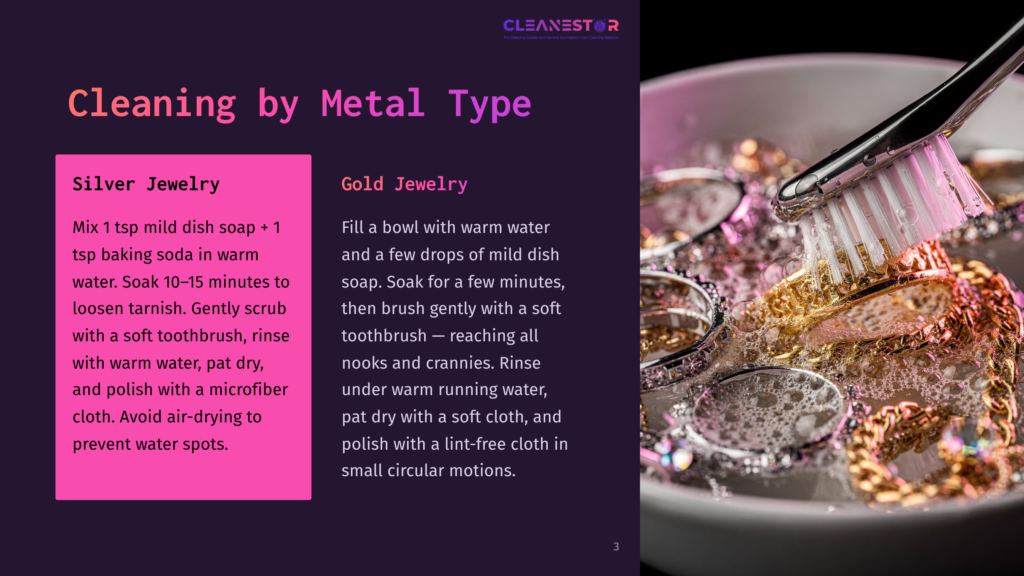 A Bowl Filled With Warm Water, Gold Jewelry Soaking, And A Toothbrush With A Pink Head. A Text Box On The Left Side Provides Instructions For Cleaning Silver Jewelry.
