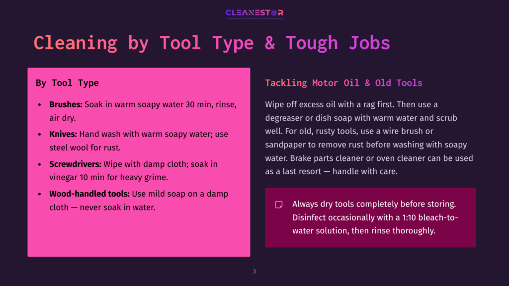 Presentation Slide Titled &Quot;Cleaning By Tool Type &Amp; Tough Jobs.&Quot; Left Side Lists Cleaning Methods For Brushes, Knives, Screwdrivers, And Wood-Handled Tools. Right Side Offers Advice For Wiping Oil, Rust Removal, And Disinfecting With Bleach Solutions.