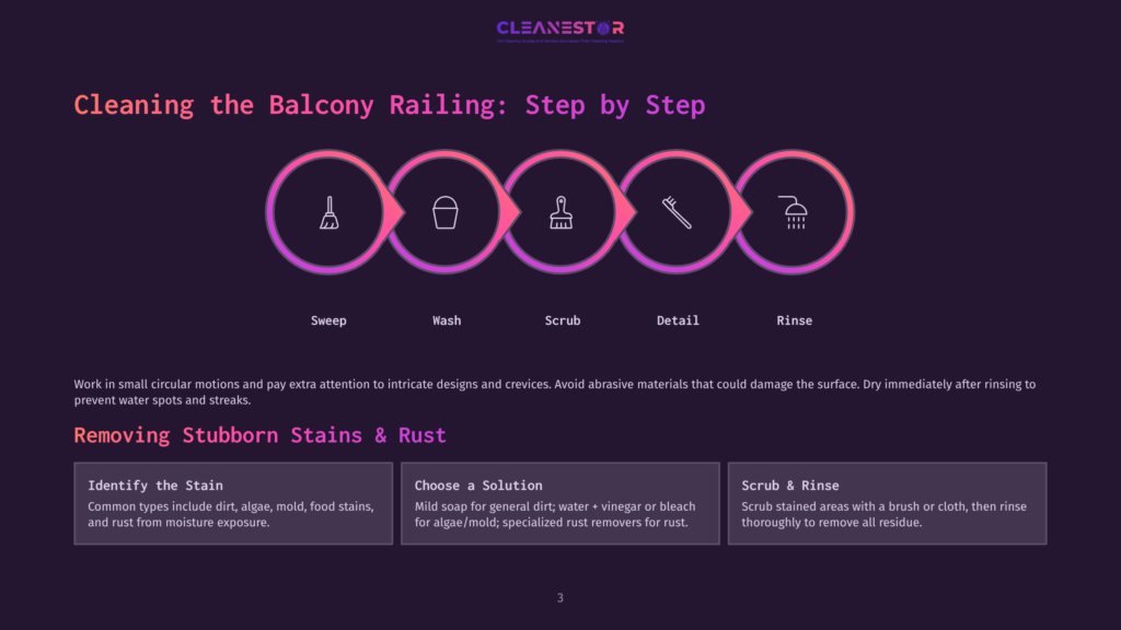 Infographic Detailing The 5-Step Process For Cleaning Balcony Railings: Sweep, Wash, Scrub, Detail, And Rinse. The Steps Are Illustrated With Icons And Accompanied By Brief Descriptions.