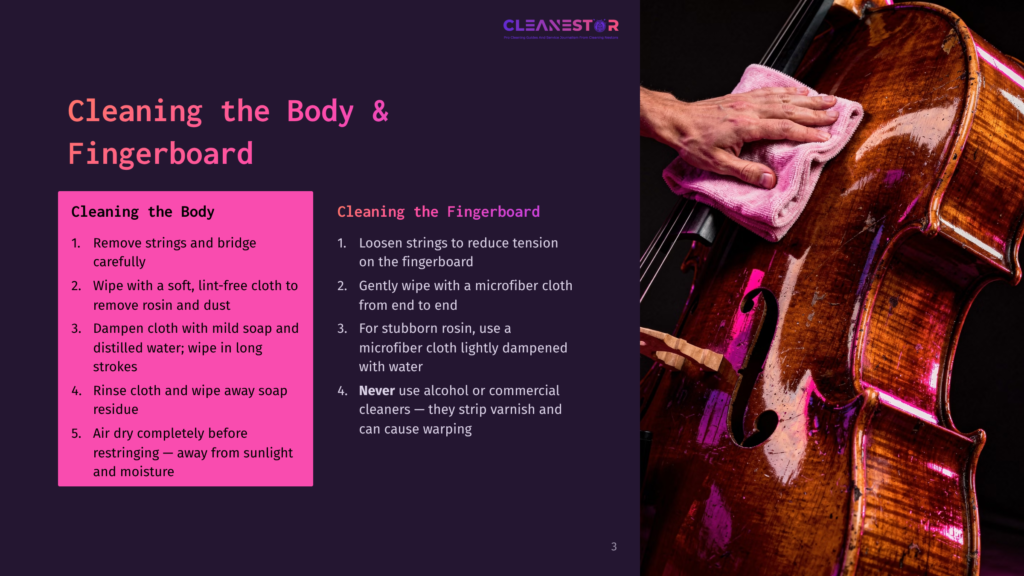 Close-Up Of A Person'S Hands Gently Wiping A Rich, Polished Brown Cello Body With A Pink Microfiber Cloth. Cleaning The Cello Body And Fingerboard.