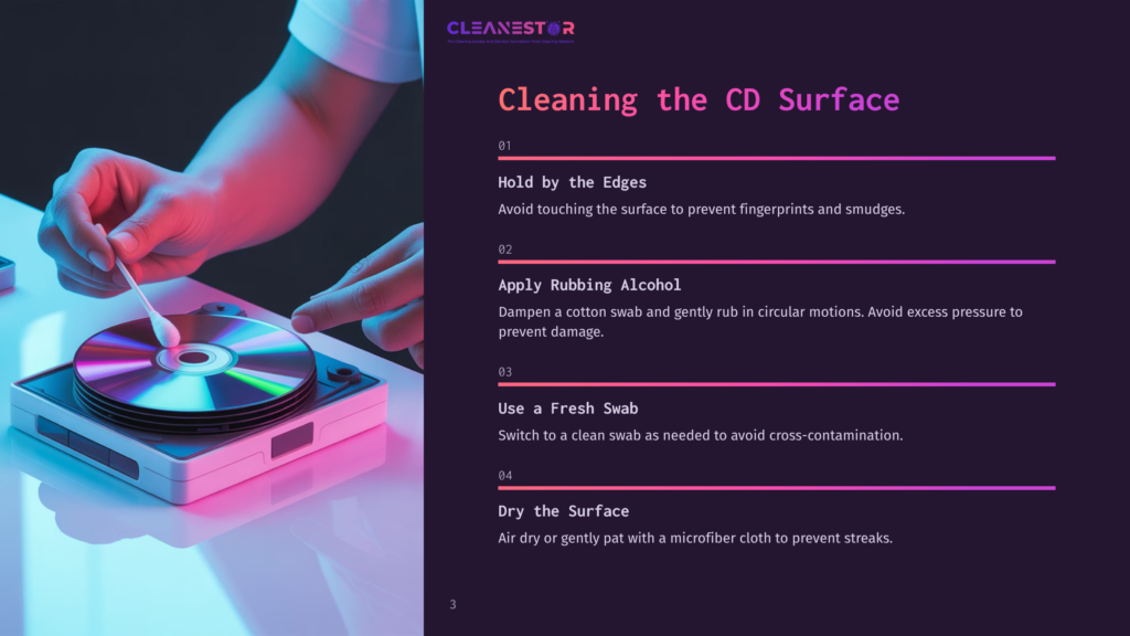 3 Cleaning The Cd Surface Close-Up Of A Hand Gently Cleaning A Cd With A Cotton Swab Dampened With Rubbing Alcohol, With The Text &Quot;Cleaning The Cd Surface&Quot; Visible.