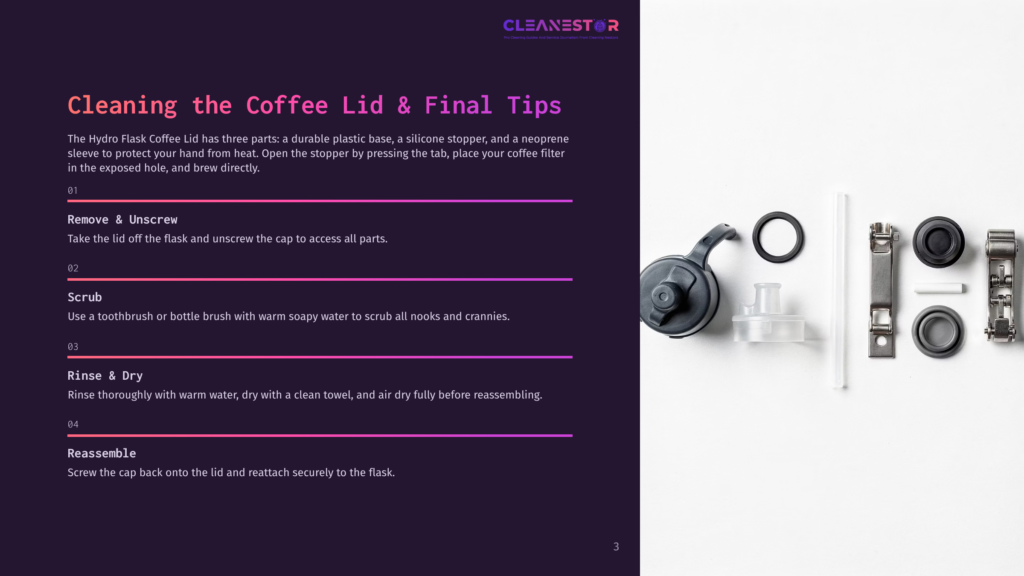 Disassembled Parts Of A Hydro Flask Coffee Lid: A Black Plastic Base, A Grey Silicone Stopper, And A Black Neoprene Sleeve, Laid Out On A Dark Purple Background. The Image Shows The Components For Cleaning The Coffee Lid.