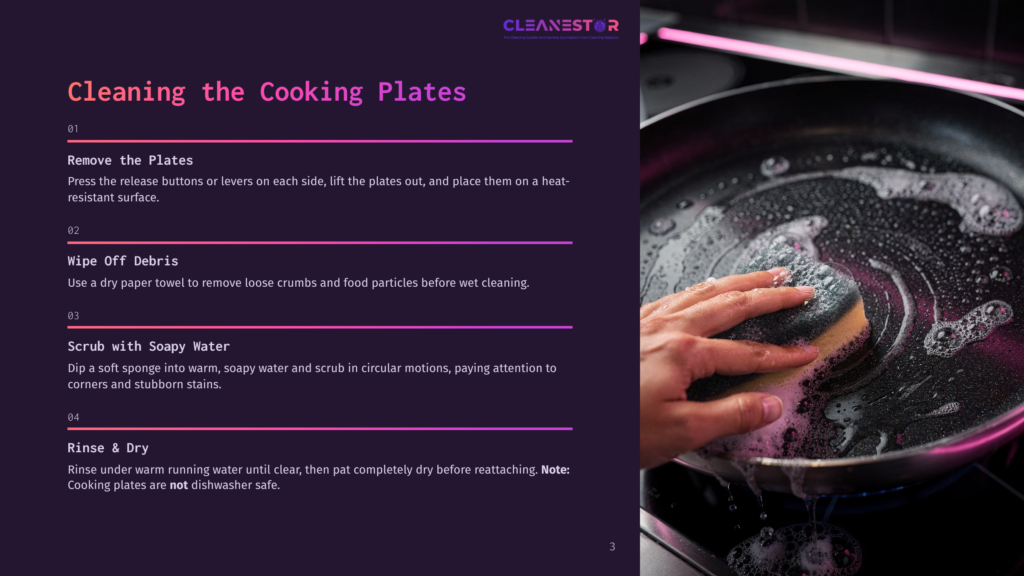 3 Cleaning The Cooking Plates Close-Up Of A Hand Scrubbing A Black Cooking Plate With A Wet Sponge, Creating Suds. Instructions For Cleaning Cooking Plates Are Visible On The Left.