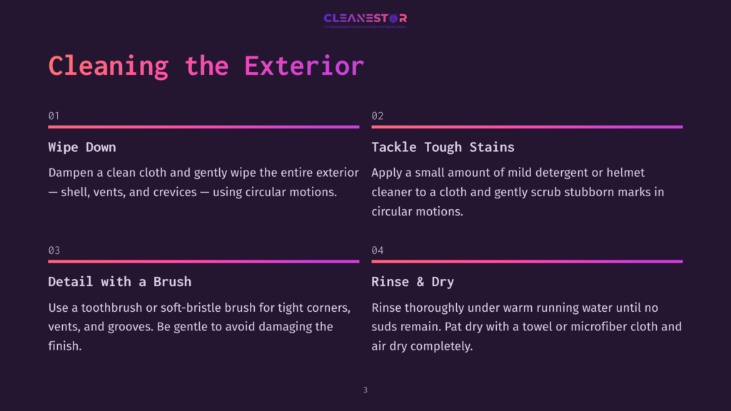 Cleanestor Logo At The Top Of A Dark Purple Background With Text Detailing Exterior Cleaning Steps: Wipe Down, Tackle Tough Stains, Detail With A Brush, And Rinse &Amp; Dry.