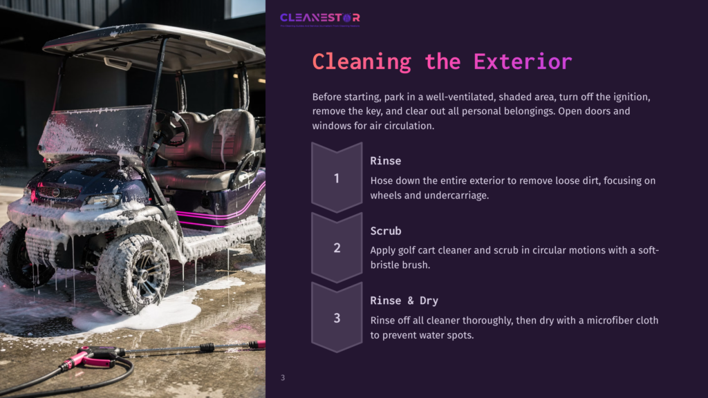 A Purple Golf Cart Is Being Washed With Foam, With The Text &Quot;Cleanestor&Quot; And &Quot;Cleaning The Exterior&Quot; Visible. The Steps Rinse, Scrub, And Rinse &Amp; Dry Are Listed.