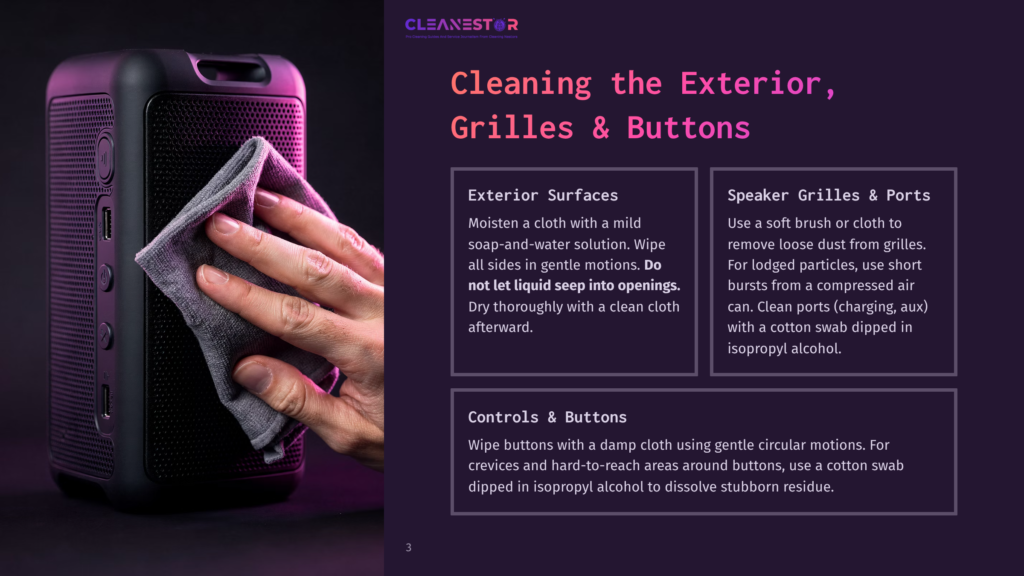 Close-Up Of A Hand Gently Wiping A Black Speaker With A Gray Cloth, Demonstrating Cleaning The Exterior And Speaker Grilles With A Mild Soap-And-Water Solution And Soft Cloth.