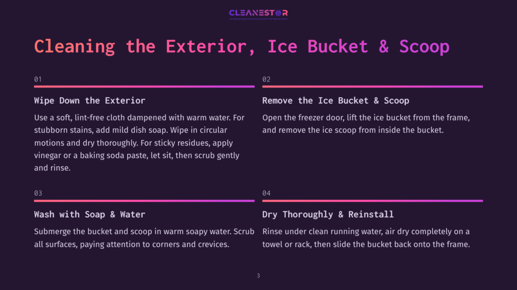 3 Cleaning The Exterior Ice Bucket And Scoop Cleanestor Guide: Cleaning The Exterior Of An Ice Bucket &Amp; Scoop. Steps Include Wiping Down The Exterior, Removing Ice And Scoop, Washing With Soap And Water, And Drying Thoroughly.