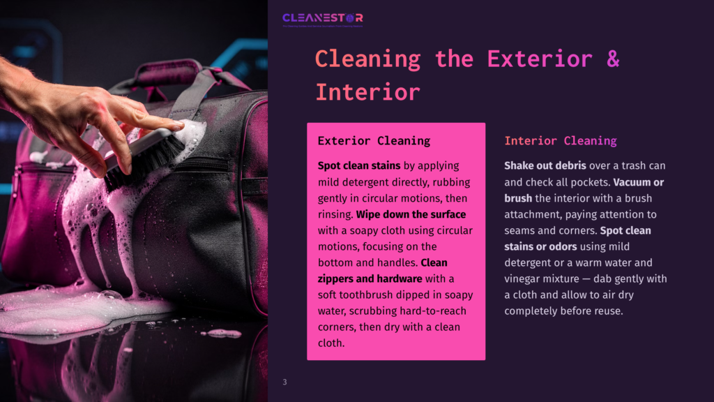 Close-Up Of A Hand With A Brush Cleaning A Black Duffel Bag Covered In White Soap Suds, With A Purple And Pink Gradient Background.