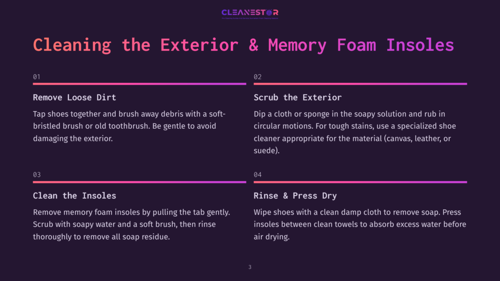 Instruction Manual Slide With Step-By-Step Cleaning Guide For Shoes. Step 1: Remove Loose Dirt Using A Soft-Bristled Brush Or Old Toothbrush. Step 2: Dip A Cloth Or Sponge In Soapy Solution And Scrub The Exterior, Using Specialized Cleaner For Tough Stains. Step 3: Clean The Insoles By Pulling The Tab Gently, Scrubbing With Soapy Water And A Soft Brush, Then Rinsing. Step 4: Wipe Shoes With A Damp Cloth To Remove Soap, Pressing Insoles Between Clean Towels To Absorb Excess Water Before Air Drying.