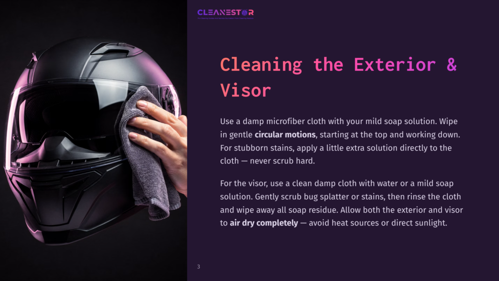 Cleanestor Logo Above Text &Quot;Cleaning The Exterior &Amp; Visor&Quot; With A Hand Wiping A Black Motorcycle Helmet With A Microfiber Cloth.