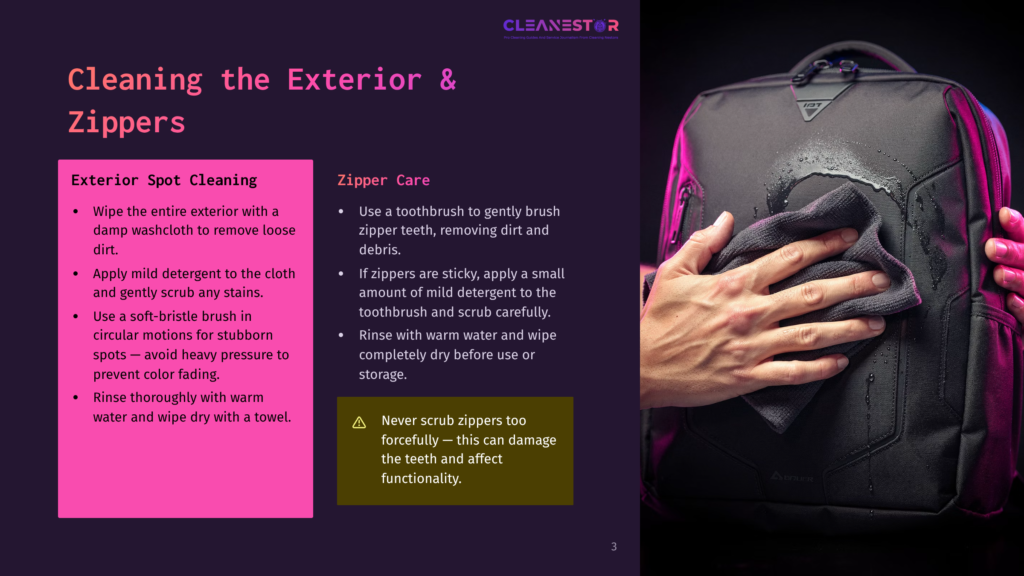 Hands Gently Wipe A Black Backpack With A Damp Cloth, Demonstrating How To Clean A Backpack'S Exterior And Zippers.
