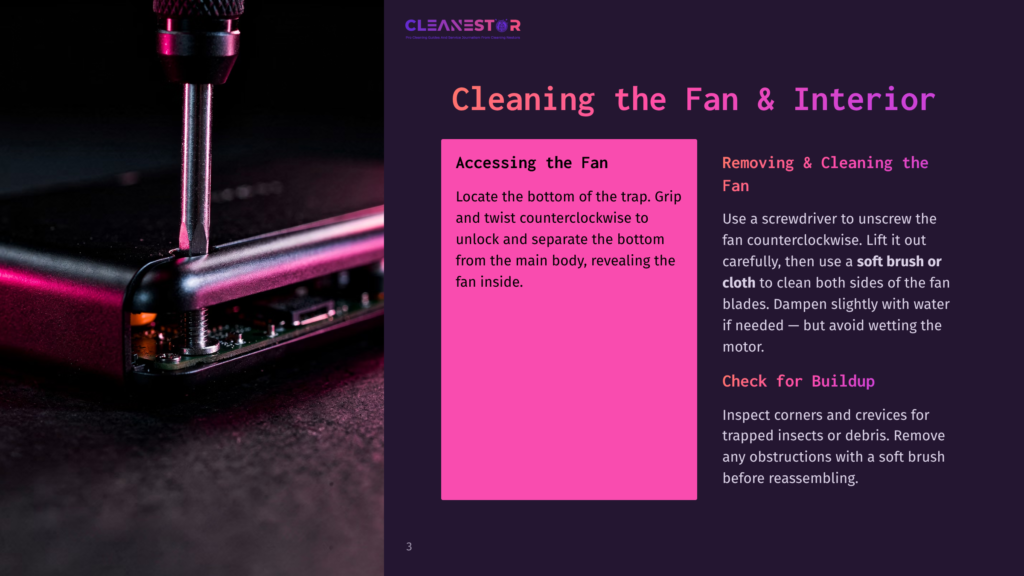 Close-Up Of A Screwdriver Unscrewing The Bottom Of A Black Electronic Device, Revealing Internal Components And A Fan. Text On The Right: &Quot;Cleaning The Fan &Amp; Interior&Quot;.