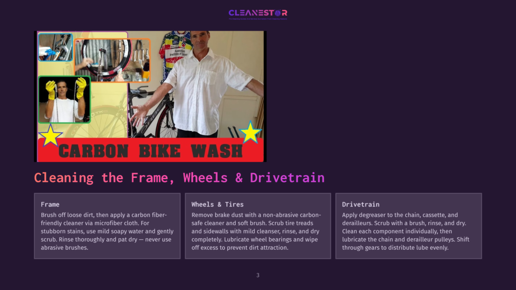 Man In A White T-Shirt And Jeans Cleaning A Carbon Fiber Bicycle With A Sponge And Hose, With The Text &Quot;Cleanestor&Quot; And &Quot;Carbon Bike Wash&Quot; Visible.