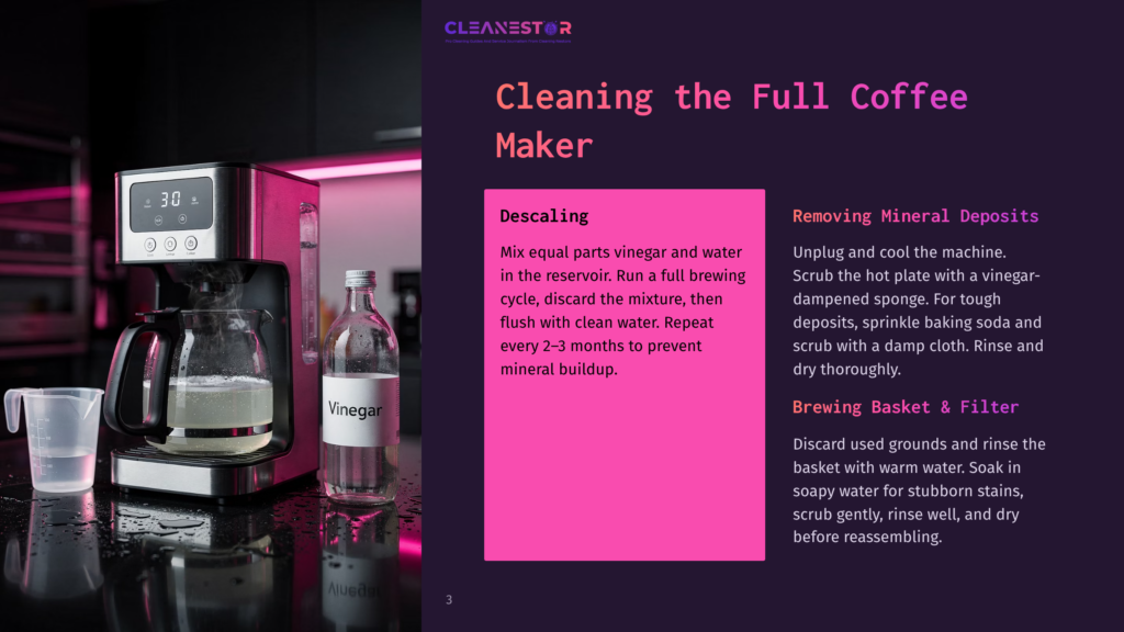 A Coffee Maker With A Carafe Filled With Clear Liquid Sits On A Dark, Reflective Surface Next To A Bottle Of Vinegar. Text Overlay Reads &Quot;Cleanestor&Quot; And &Quot;Cleaning The Full Coffee Maker.
