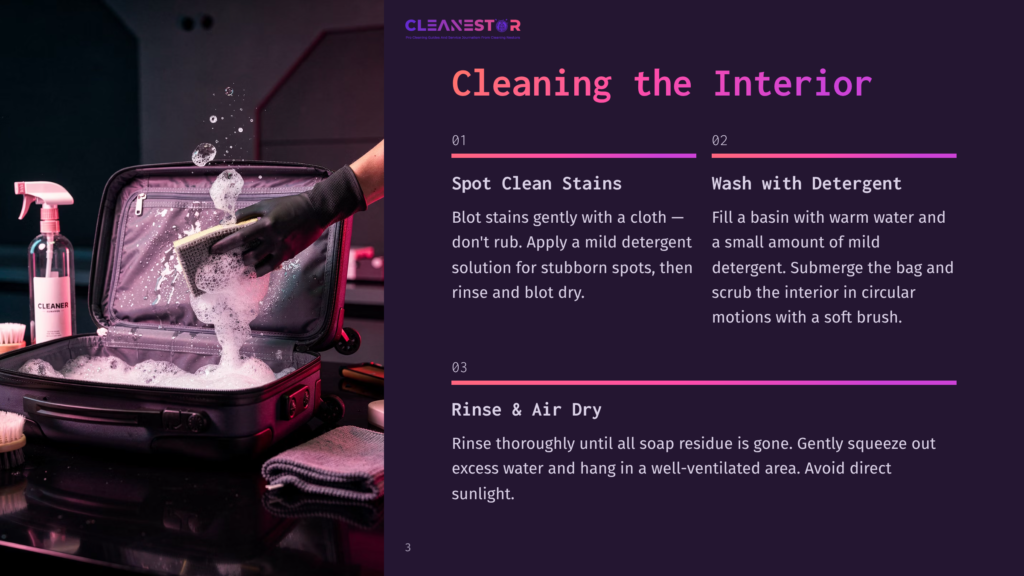 3 Cleaning The Interior 2 A Gloved Hand Scrubs The Interior Of An Open Black Suitcase With A Sponge Creating A Lot Of White Foam. Text Overlays From The Cleanestor Brand Describe Cleaning The Interior.