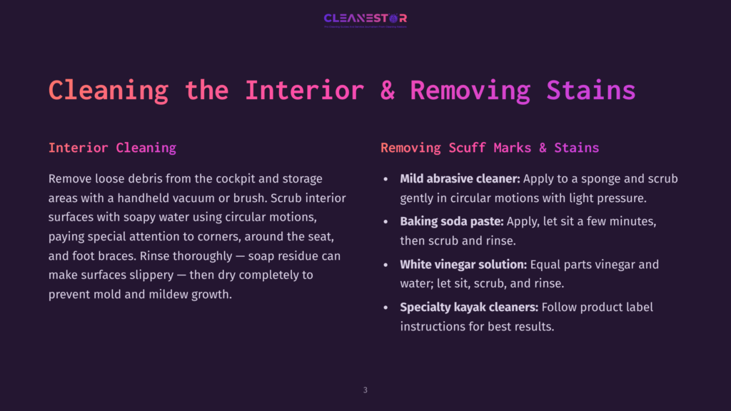 3 Cleaning The Interior And Removing Stains Presentation Slide Titled &Quot;Cleaning The Interior &Amp; Removing Stains,&Quot; Detailing Interior Cleaning Steps And Methods For Removing Scuff Marks And Stains, Including Mild Abrasive Cleaner, Baking Soda Paste, And White Vinegar Solution.