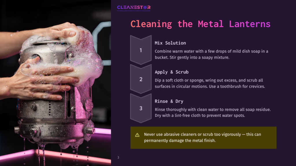 3 Cleaning The Metal Lanterns A Person Uses A Cloth To Clean A Metallic Lantern, With Water And Soap Bubbles Around It. The Background Shows Cleaning Instructions In A Purple And Black Infographic Style.