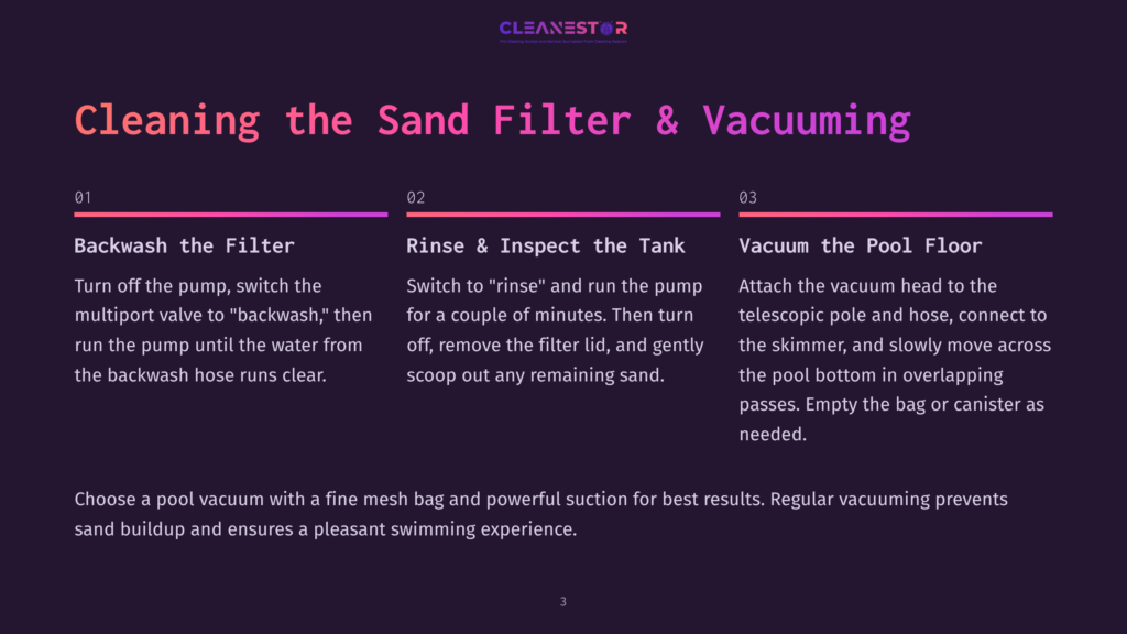 3 Cleaning The Sand Filter And Vacuuming An Infographic Showing Three Steps For Pool Maintenance: Backwashing The Filter, Rinsing And Inspecting The Tank, And Vacuuming The Pool Floor With A Telescopic Pole And A Fine Mesh Bag.