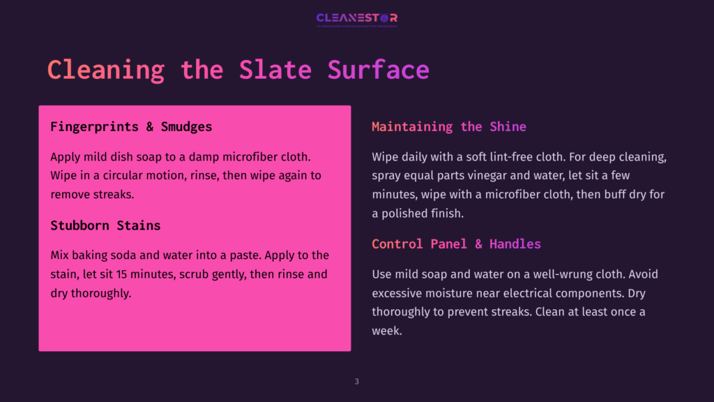 A Dark Purple Background With A Pink Rectangle On The Left Containing Text About Cleaning Slate Surfaces, Including &Quot;Fingerprints &Amp; Smudges&Quot; And &Quot;Stubborn Stains.&Quot; On The Right, Text Details &Quot;Maintaining The Shine&Quot; And &Quot;Control Panel &Amp; Handles.