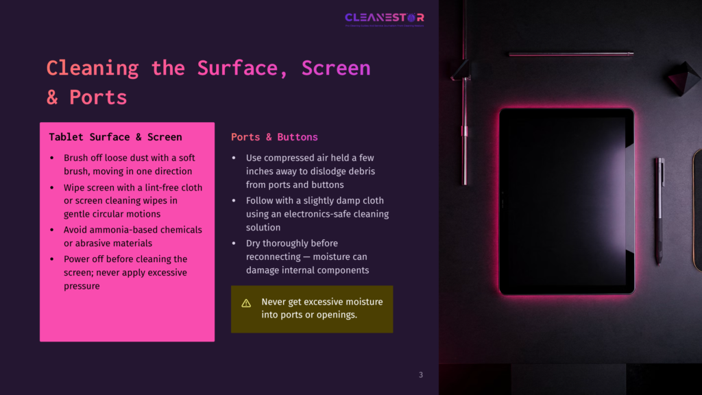 A Dark Tablet Screen Glows With A Neon Pink And Purple Light, Set Against A Dark, Textured Background. The Tablet Is Positioned At An Angle, With A Cleaning Cloth And A Small Black Object Visible To Its Right.