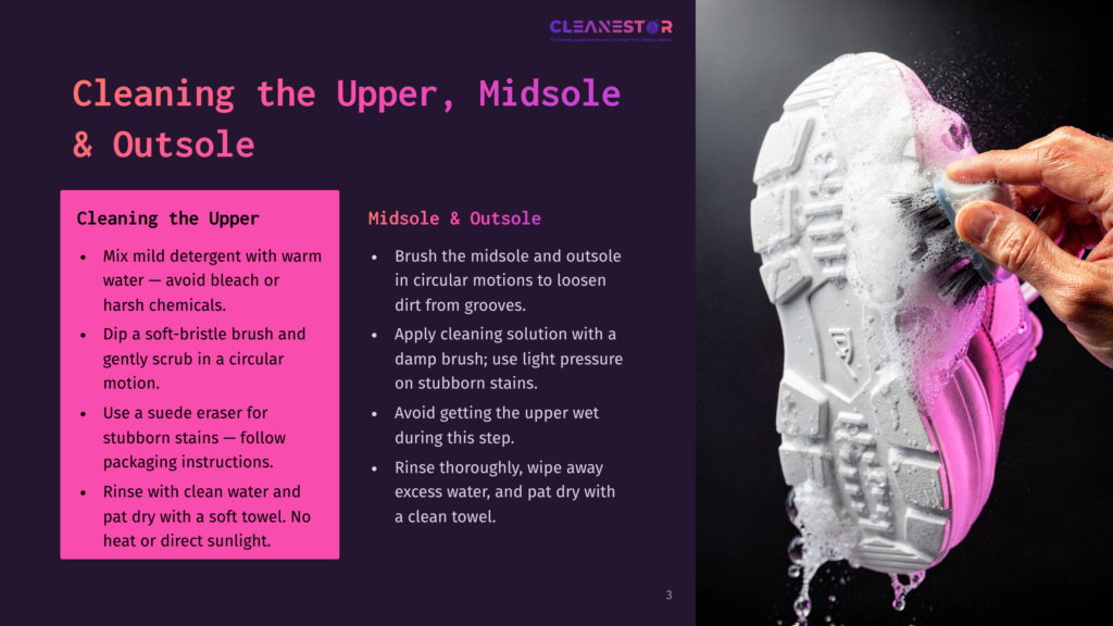 Close-Up Of A Pink Sneaker Being Cleaned With A Brush And Foam. The Image Shows A Hand Scrubbing The White Sole And Pink Upper Of The Shoe, With Text Overlay About Cleaning The Upper, Midsole, And Outsole.