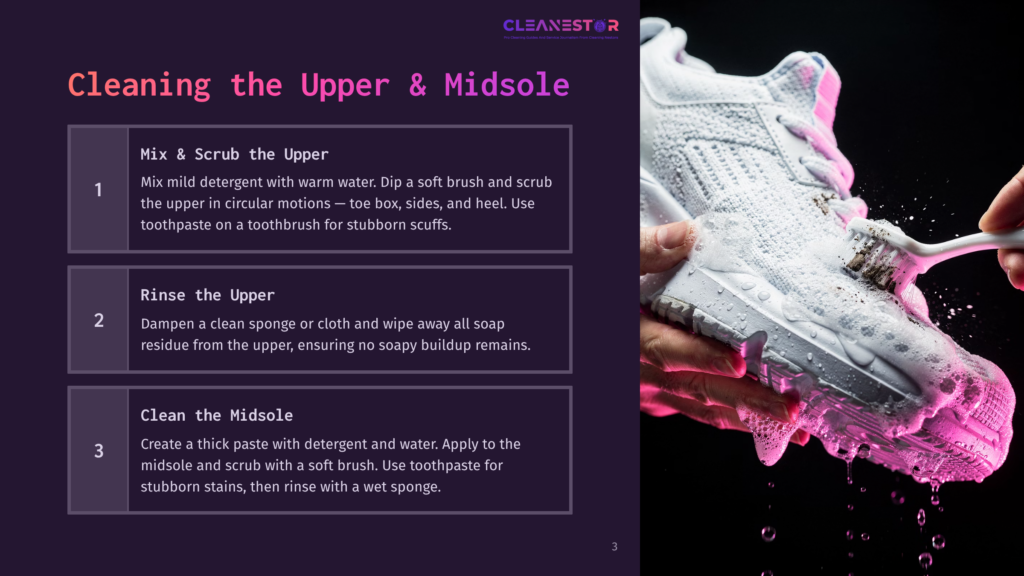 Close-Up Of A White Sneaker Being Cleaned With A Brush And Soapy Water, Showing The Cleaning Process For The Upper And Midsole.