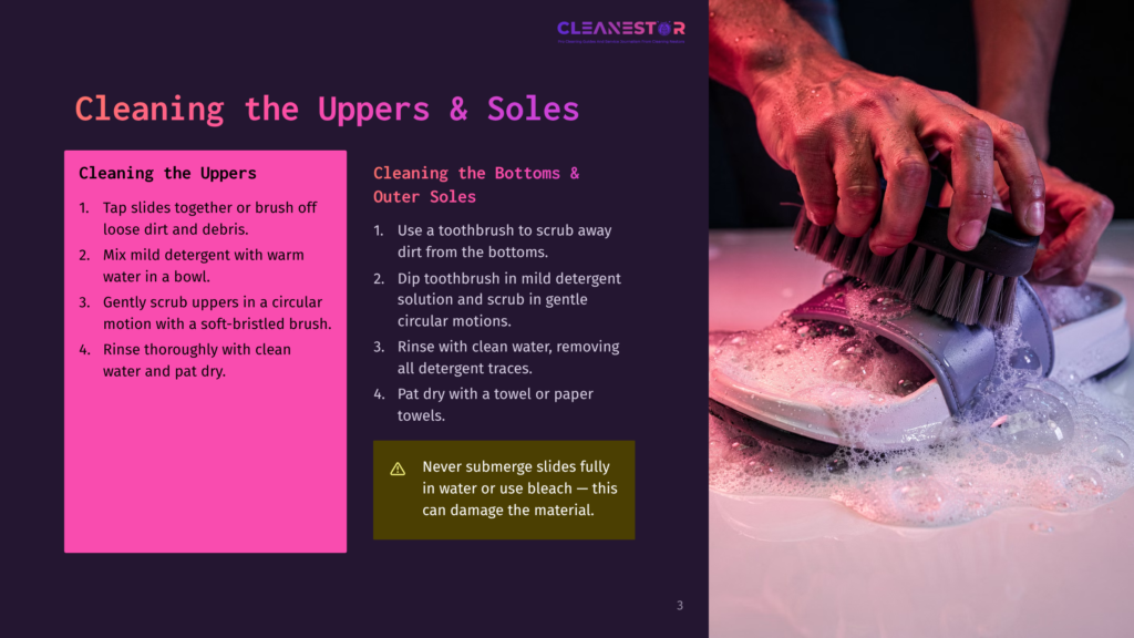 3 Cleaning The Uppers And Soles A Hand With A Brush Scrubs A Purple Sandal In Soapy Water, With Cleaning Instructions For &Quot;Cleaning The Uppers &Amp; Soles&Quot; Visible On A Dark Background.