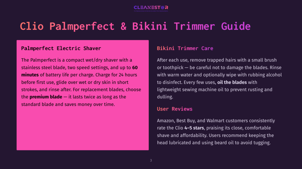 Clio Palmperfect &Amp; Bikini Trimmer Guide: Pink Panel Details The Electric Shaver, Its Features, And Usage. Purple Panel Discusses Bikini Trimmer Care And User Reviews.