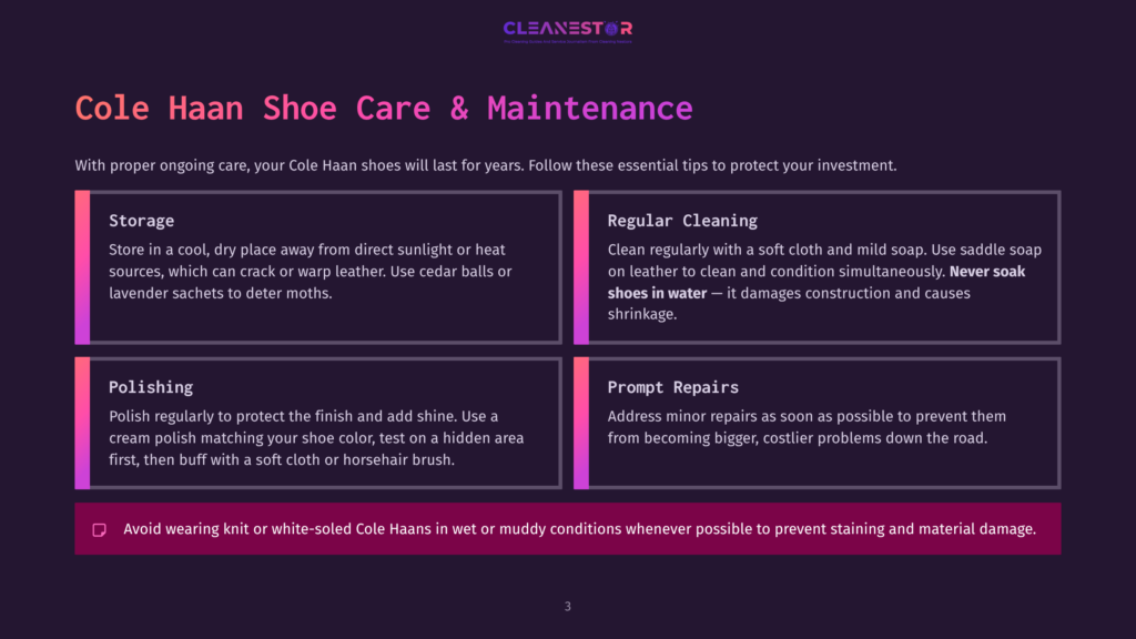 Cole Haan Shoe Care And Maintenance Guide: Storage, Regular Cleaning, Polishing, And Prompt Repairs Are Essential For Preserving Your Investment.