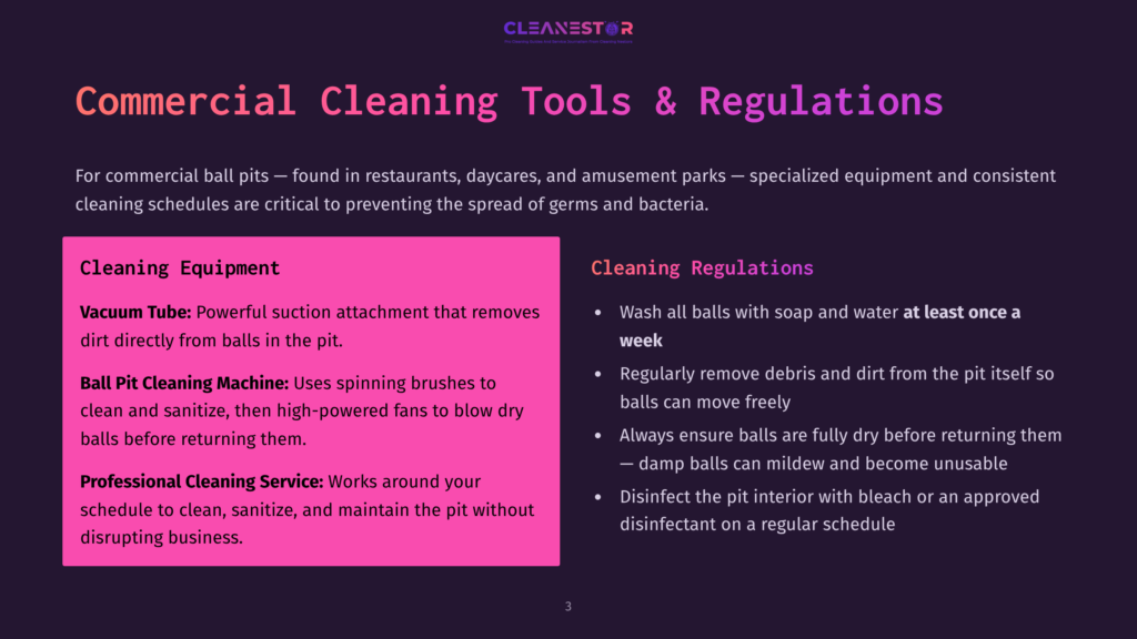 Commercial Cleaning Tools &Amp; Regulations Slide: Cleaning Equipment Includes Vacuum Tube And Ball Pit Cleaning Machine. Cleaning Regulations Include Washing Balls, Regularly Removing Debris, And Disinfecting The Pit Interior.