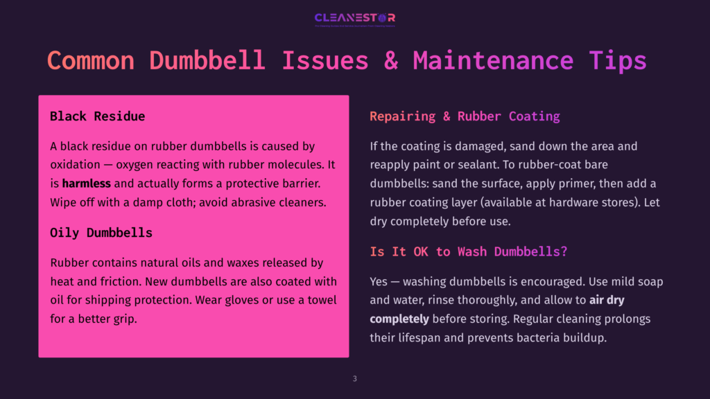 3 Common Dumbbell Issues And Maintenance Tips A Close-Up Of A Rubber Dumbbell Showing Black Residue, With A Pink Background And Text On Common Dumbbell Issues And Maintenance Tips.