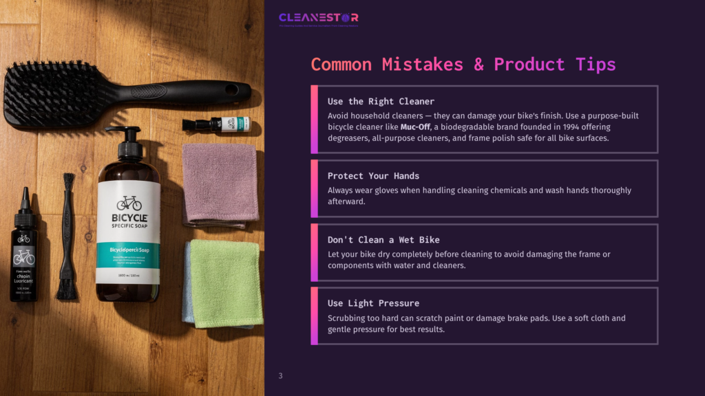 3 Common Mistakes And Product Tips Bicycle Cleaning Supplies Including A Large Brush, Muc-Off Bicycle Cleaner, And Microfiber Cloths Are Laid Out On A Wooden Surface. The Muc-Off Bottle Reads &Quot;Bicycle Specific Soap.