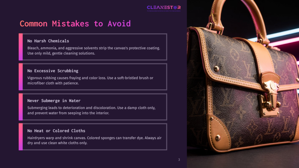 A Close-Up Of A Brown And Tan Monogrammed Designer Handbag With Gold Hardware, Highlighting Its Texture And Stitching. Text Overlay Lists &Quot;Common Mistakes To Avoid&Quot; When Cleaning.