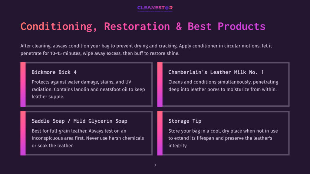 3 Conditioning Restoration And Best Products Cleanestor Logo Above Text: &Quot;Conditioning, Restoration &Amp; Best Products&Quot; With Product Recommendations For Leather Bags: Bickmore Bick 4, Chamberlain'S Leather Milk No. 1, And Saddle Soap / Mild Glycerin Soap, Plus A Storage Tip.