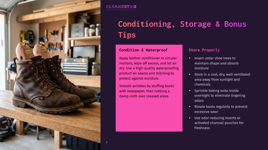 Two Rugged Brown Leather Work Boots Sit On A Wooden Workbench, With Shoe Trees Inserted. The Image Is Part Of A Cleanestor Guide On Conditioning, Storage, And Bonus Tips For Leather Goods.