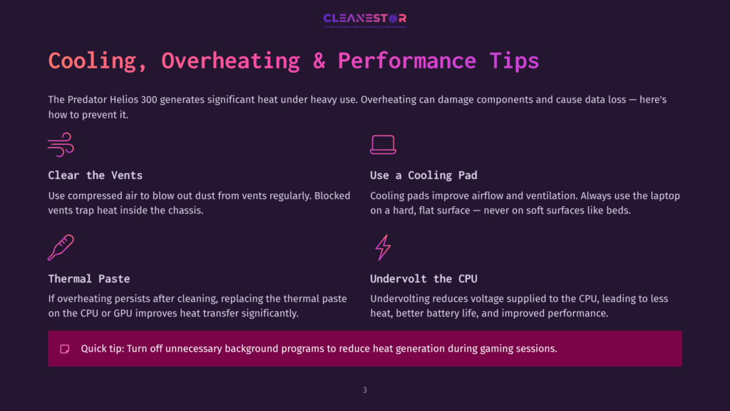 A Slide From A Presentation Titled &Quot;Cooling, Overheating &Amp; Performance Tips&Quot; With Tips For Preventing Laptop Overheating, Including Cleaning Vents, Using A Cooling Pad, Applying Thermal Paste, And Undervolting The Cpu.