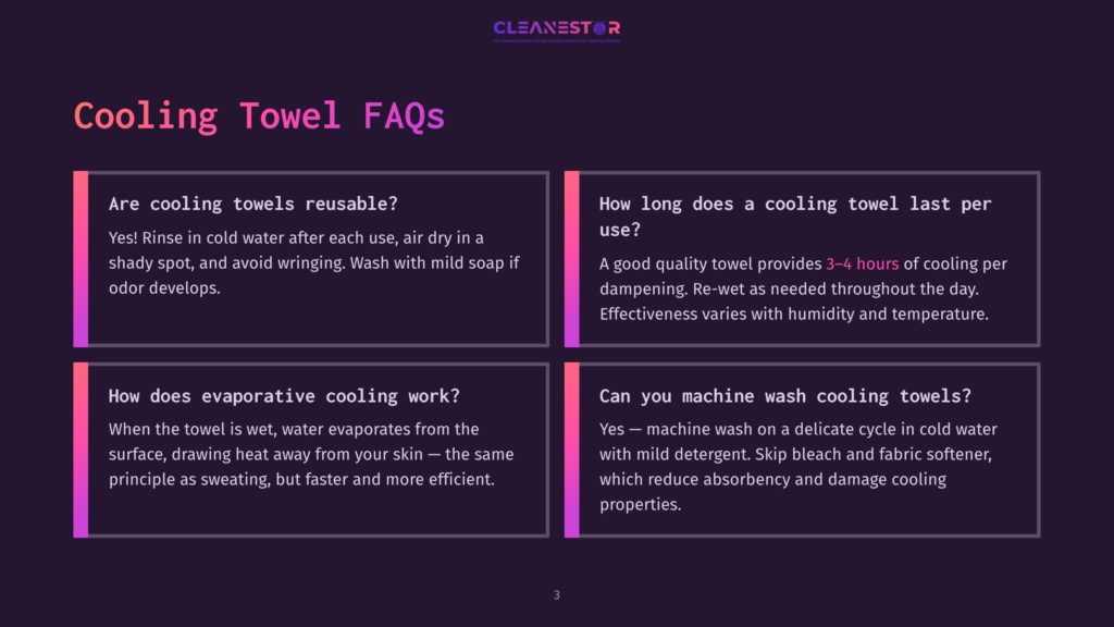 3 Cooling Towel Faqs Infographic About Cooling Towels With Faqs On Their Reusability, Duration, Evaporative Cooling, And Machine Washing.