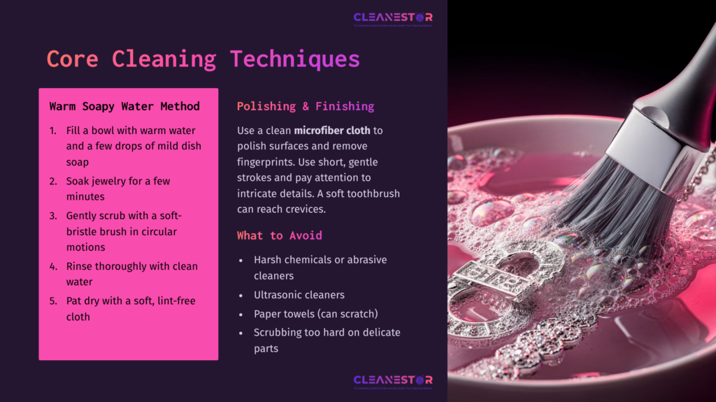 3 Core Cleaning Techniques Close-Up Of A Paintbrush With Gray Bristles Submerged In Pink, Soapy Water, With Delicate Silver Jewelry Visible In The Foamy Liquid. Text Overlay Describes &Quot;Core Cleaning Techniques&Quot; And &Quot;Warm Soapy Water Method.