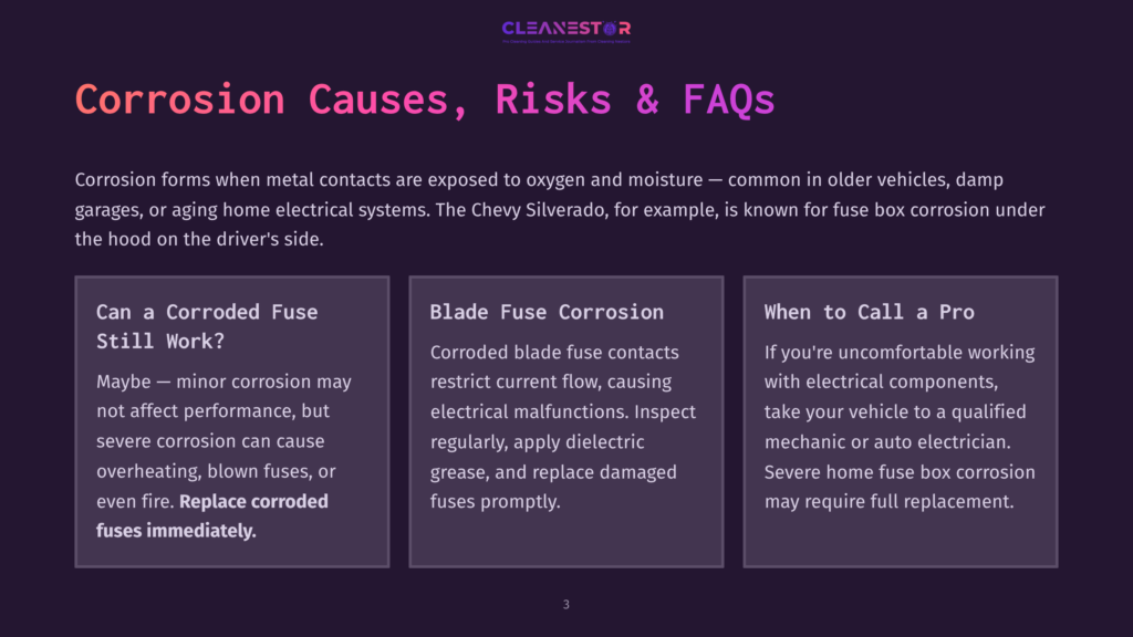 3 Corrosion Causes Risks And Faqs Corrosion Causes, Risks &Amp; Faqs Slide: Explains How Corrosion Affects Vehicles, Including Fuse Box Corrosion, And When To Call A Pro. Features Three Distinct Sections: &Quot;Can A Corroded Fuse Still Work?&Quot;, &Quot;Blade Fuse Corrosion,&Quot; And &Quot;When To Call A Pro.