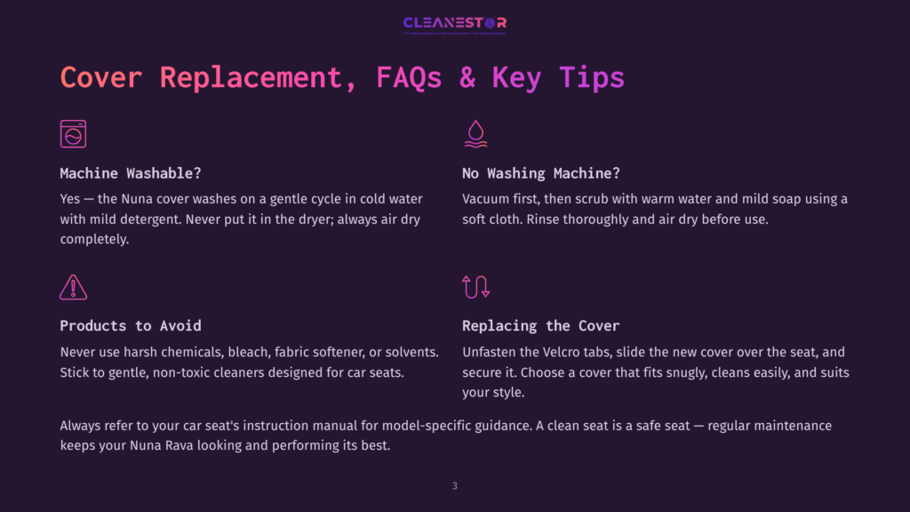 3 Cover Replacement Faqs And Key Tips Infographic With Two Sections: &Quot;Machine Washable?&Quot; And &Quot;No Washing Machine?&Quot; The First Section States The Nuna Cover Is Machine Washable In Cold Water With Mild Detergent, While The Second Section Advises Against Using A Washing Machine.
