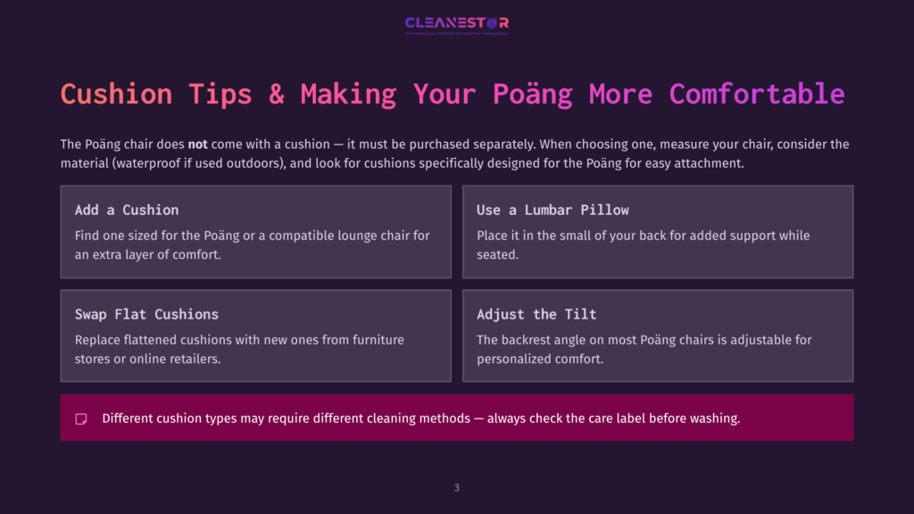 Infographic With Text &Quot;Cushion Tips &Amp; Making Your Poäng More Comfortable&Quot; Detailing How To Add Cushions, Lumbar Pillows, Swap Cushions, And Adjust The Tilt For Enhanced Comfort, With A Note About Checking Care Labels.
