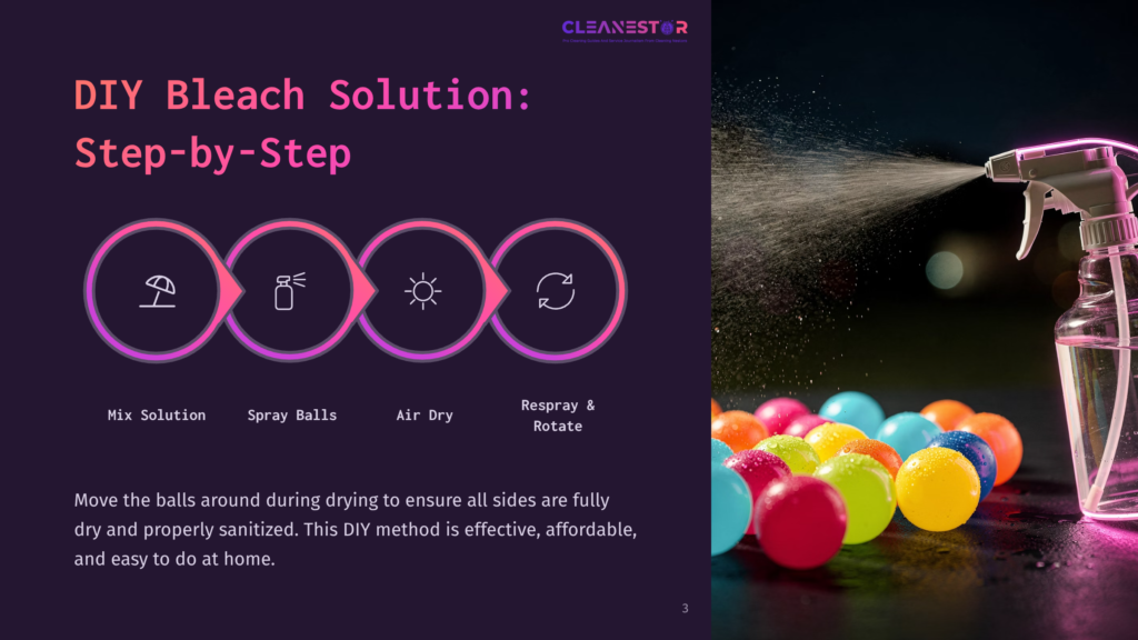 A Clear Plastic Spray Bottle Emits A Fine Mist Of Diy Bleach Solution Over A Cluster Of Vibrant, Colorful Balls In Various Sizes. The Background Features A Dark, Textured Surface, And The Text &Quot;Diy Bleach Solution: Step-By-Step&Quot; Is Displayed Prominently.