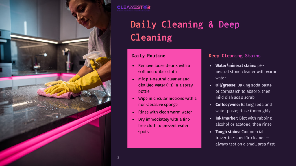 3 Daily Cleaning And Deep Cleaning Woman In Yellow Gloves Cleans A Dark Granite Countertop With A Pink Cloth And Spray Bottle, With &Quot;Cleanestor&Quot; Text Visible.