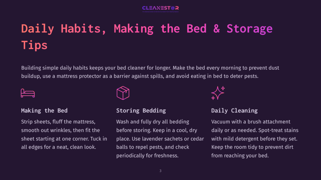 Daily Habits, Making The Bed &Amp; Storage Tips: Icons For Making The Bed, Storing Bedding, And Daily Cleaning With Text Explaining Each Tip.